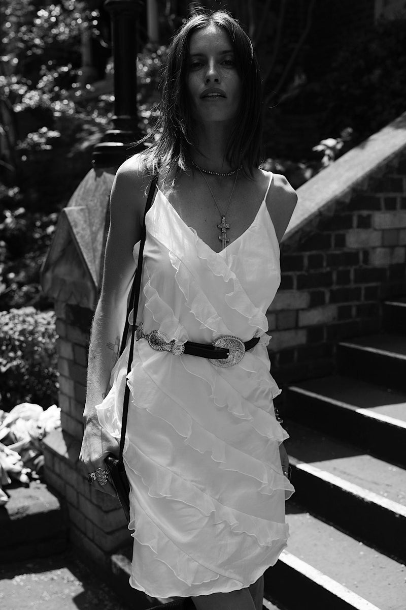 White Feather Silk Ruffle Mini Dress - Chasing Unicorns