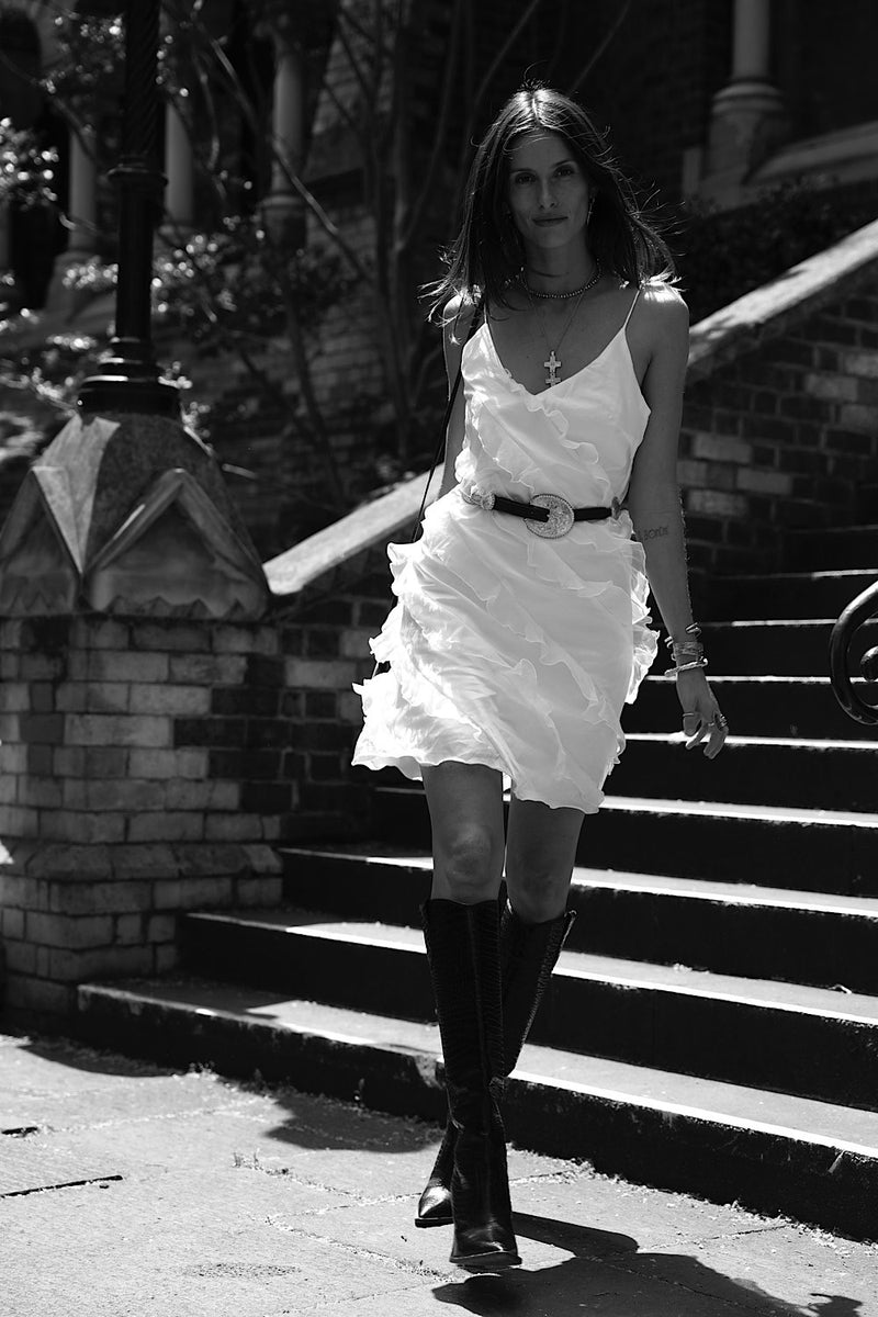 White Feather Silk Ruffle Mini Dress - Chasing Unicorns