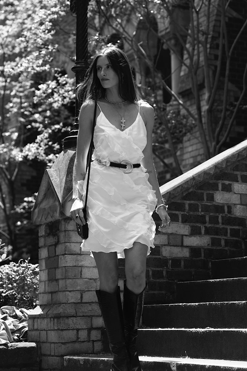 White Feather Silk Ruffle Mini Dress - Chasing Unicorns