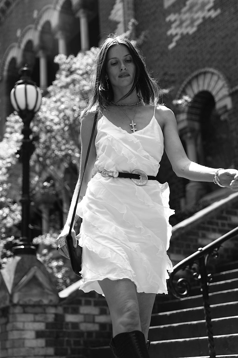 White Feather Silk Ruffle Mini Dress - Chasing Unicorns