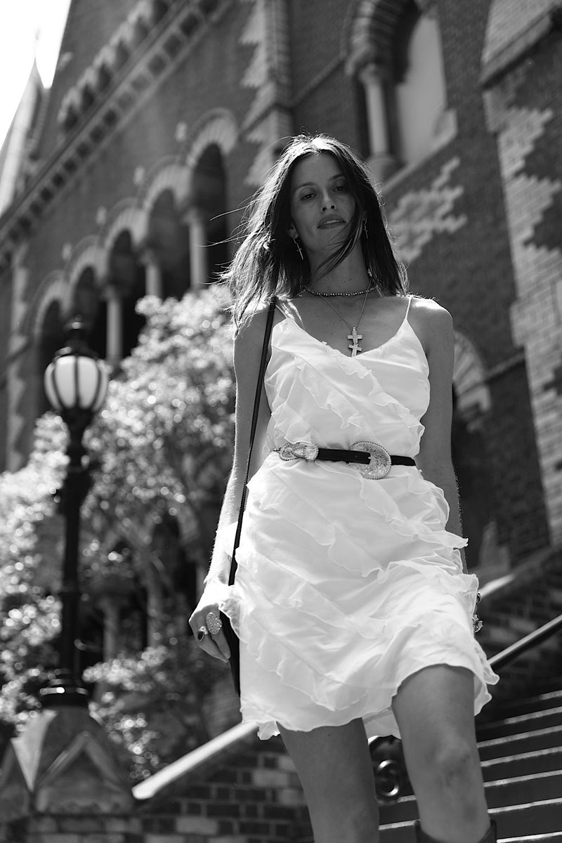 White Feather Silk Ruffle Mini Dress - Chasing Unicorns