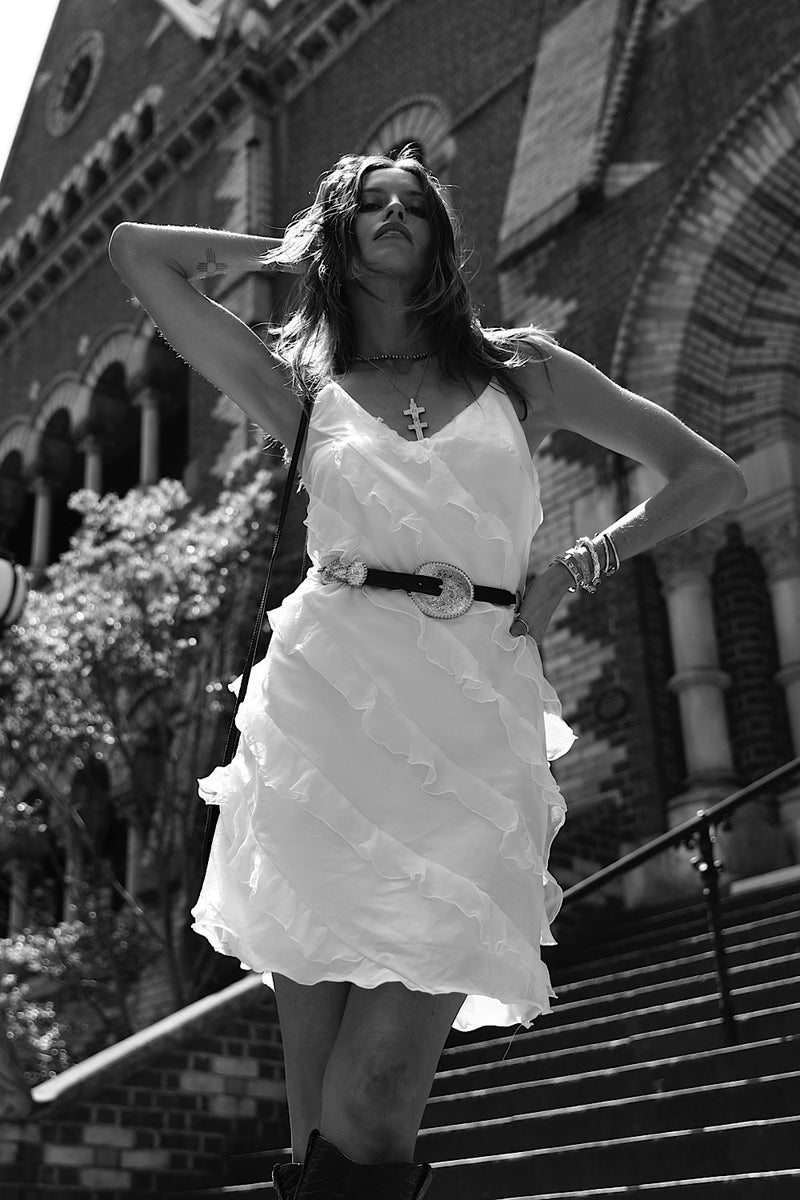 White Feather Silk Ruffle Mini Dress - Chasing Unicorns