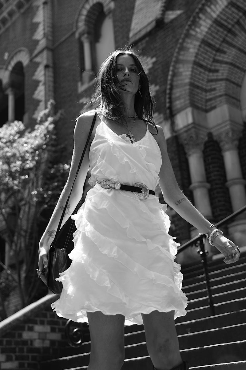 White Feather Silk Ruffle Mini Dress - Chasing Unicorns