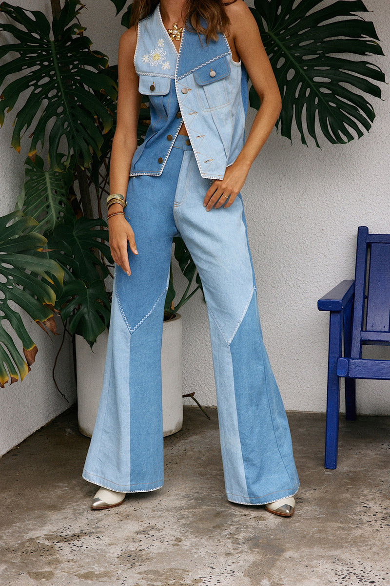 White Horse Embroideted Denim Patchwork Flares - Chasing Unicorns