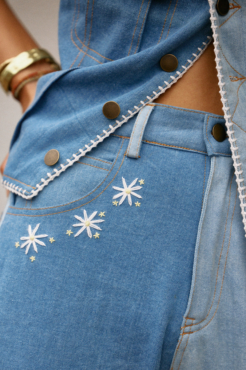 White Horse Embroideted Denim Patchwork Flares - Chasing Unicorns