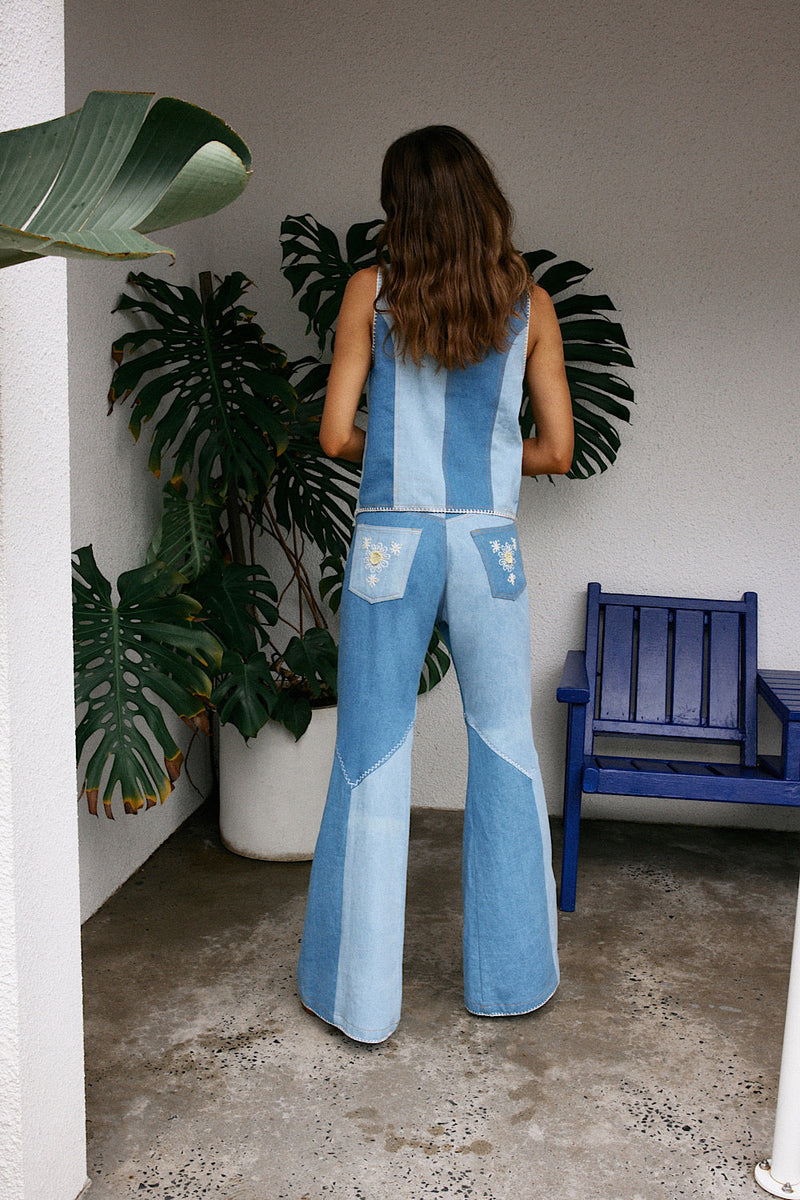 White Horse Embroideted Denim Patchwork Flares - Chasing Unicorns