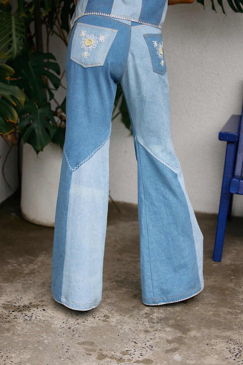 White Horse Embroideted Denim Patchwork Flares - Chasing Unicorns