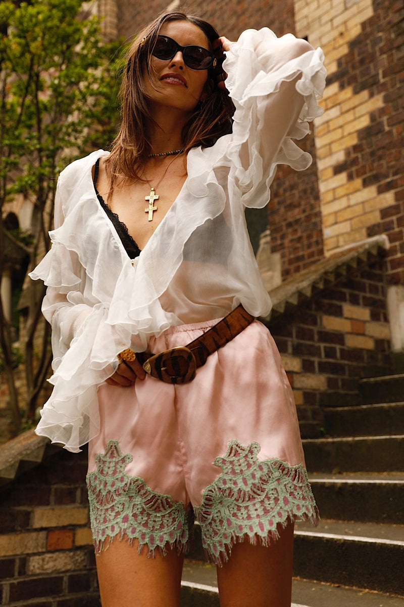 You Belong to Me Silk Satin + Lace Shorts - pale pink - Chasing Unicorns