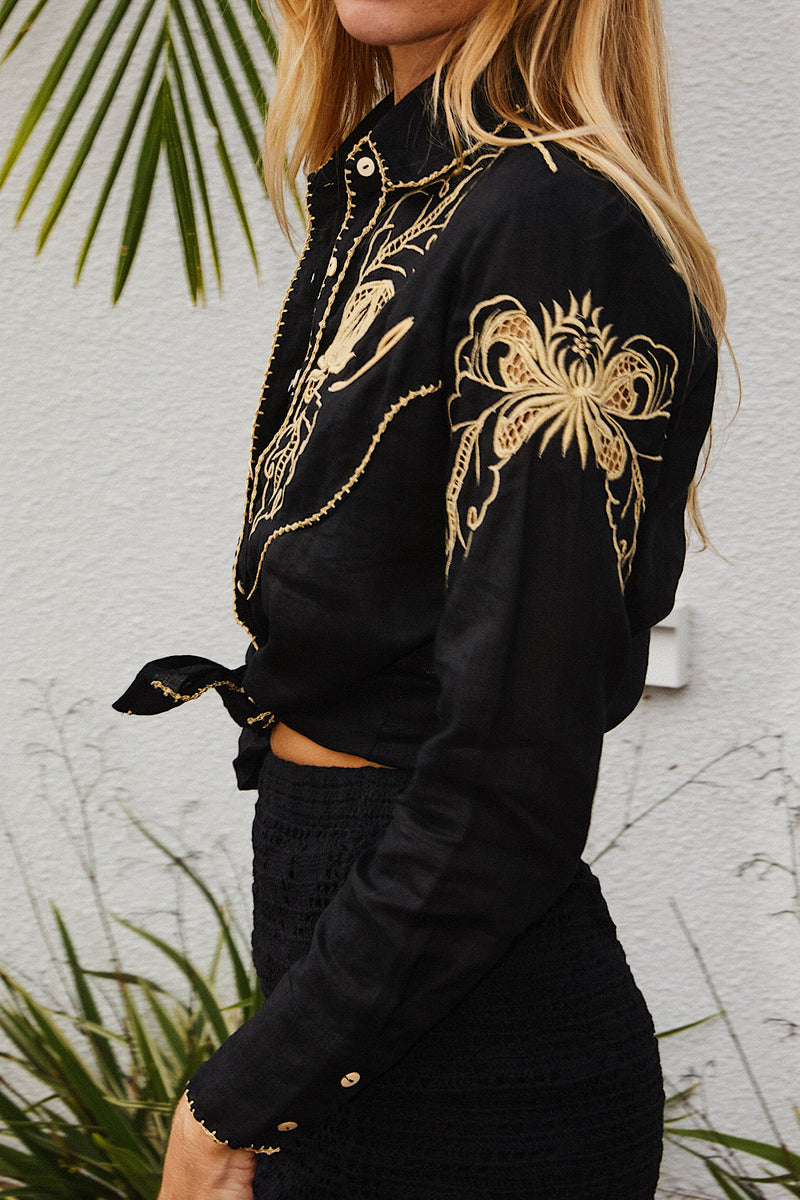 Against All Odds Linen Cutwork Blouse - Black - Chasing Unicorns