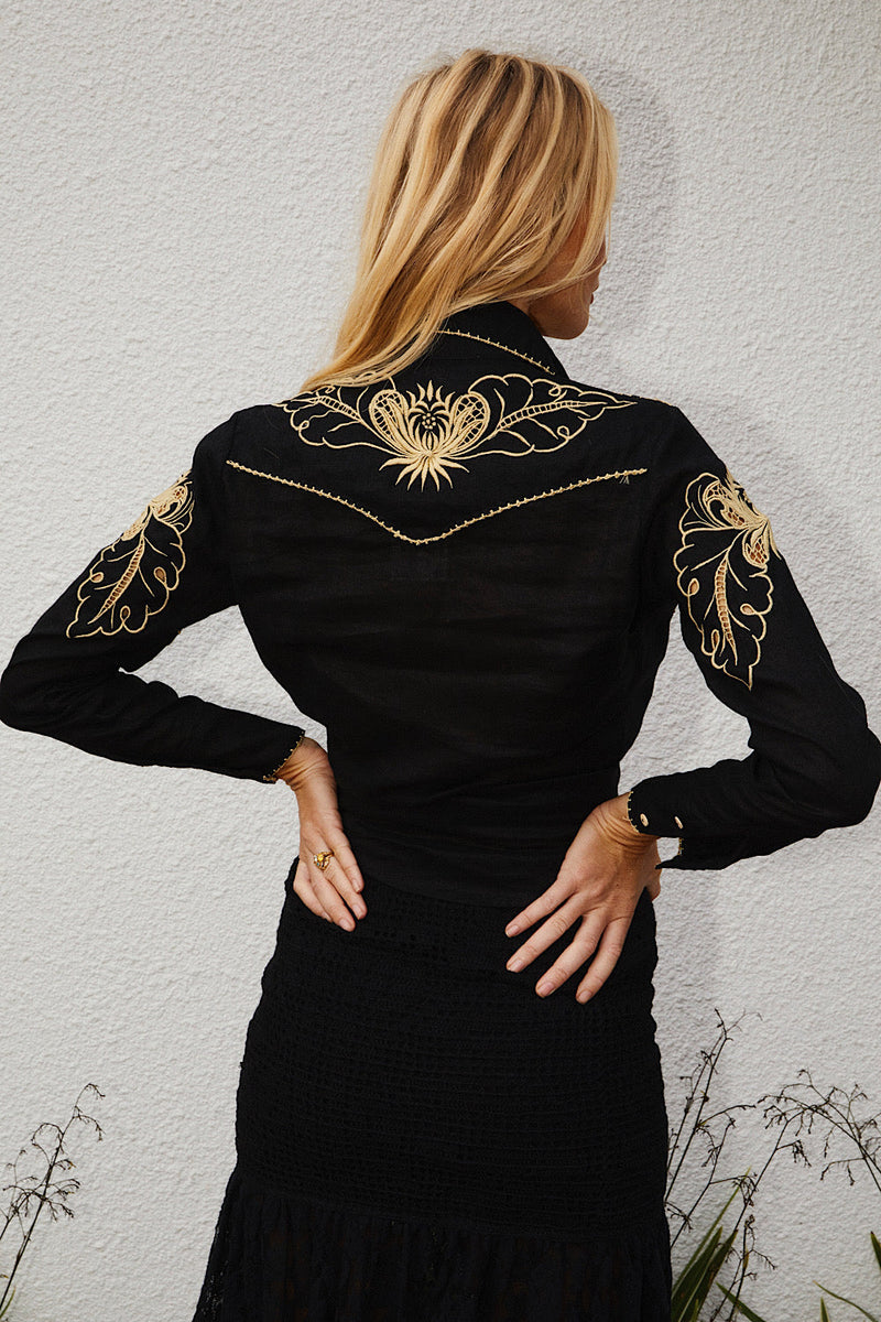 Against All Odds Linen Cutwork Blouse - Black - Chasing Unicorns