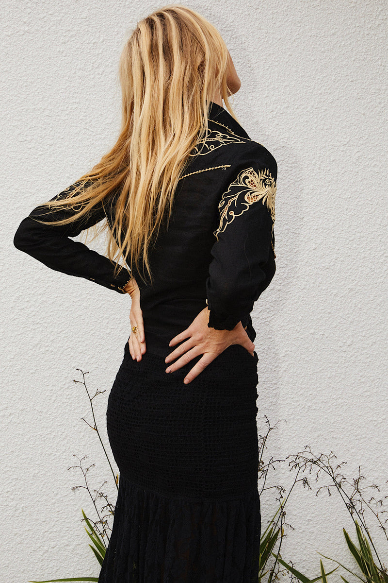 Against All Odds Linen Cutwork Blouse - Black - Chasing Unicorns