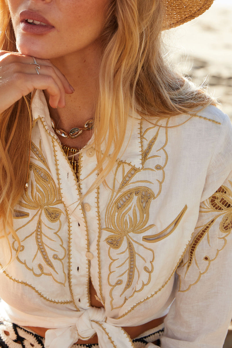 Against All Odds Linen Cutwork Blouse - Chasing Unicorns