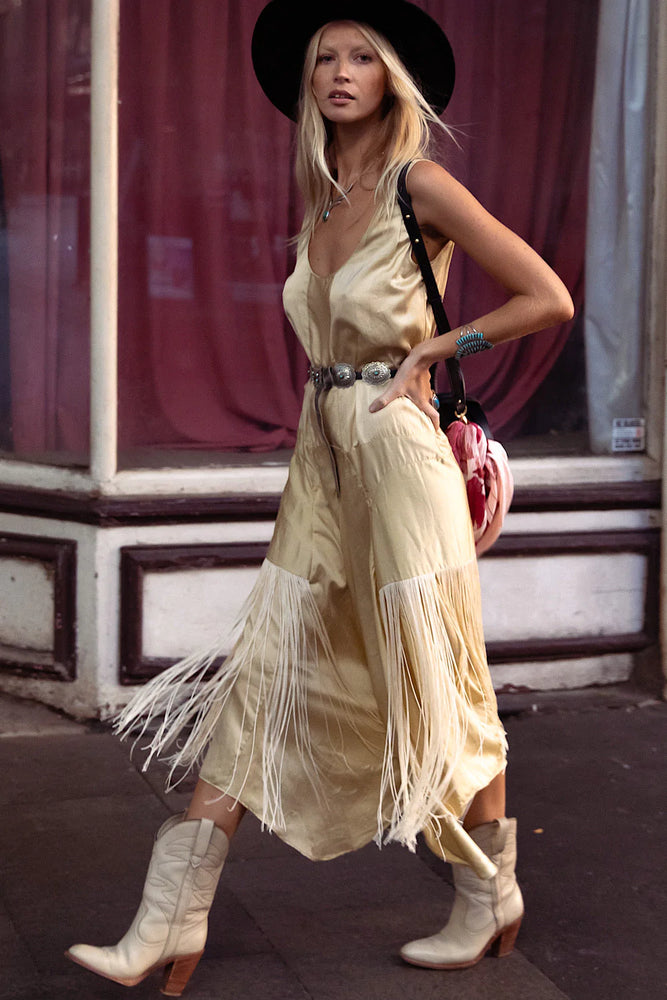 Another Star Silk Fringe Dress - Champagne