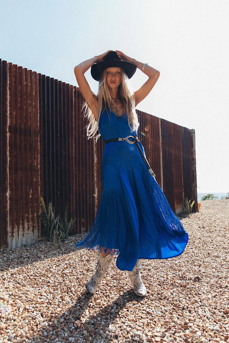 Another Star Silk Fringe Dress - Dark Sapphire - Chasing Unicorns