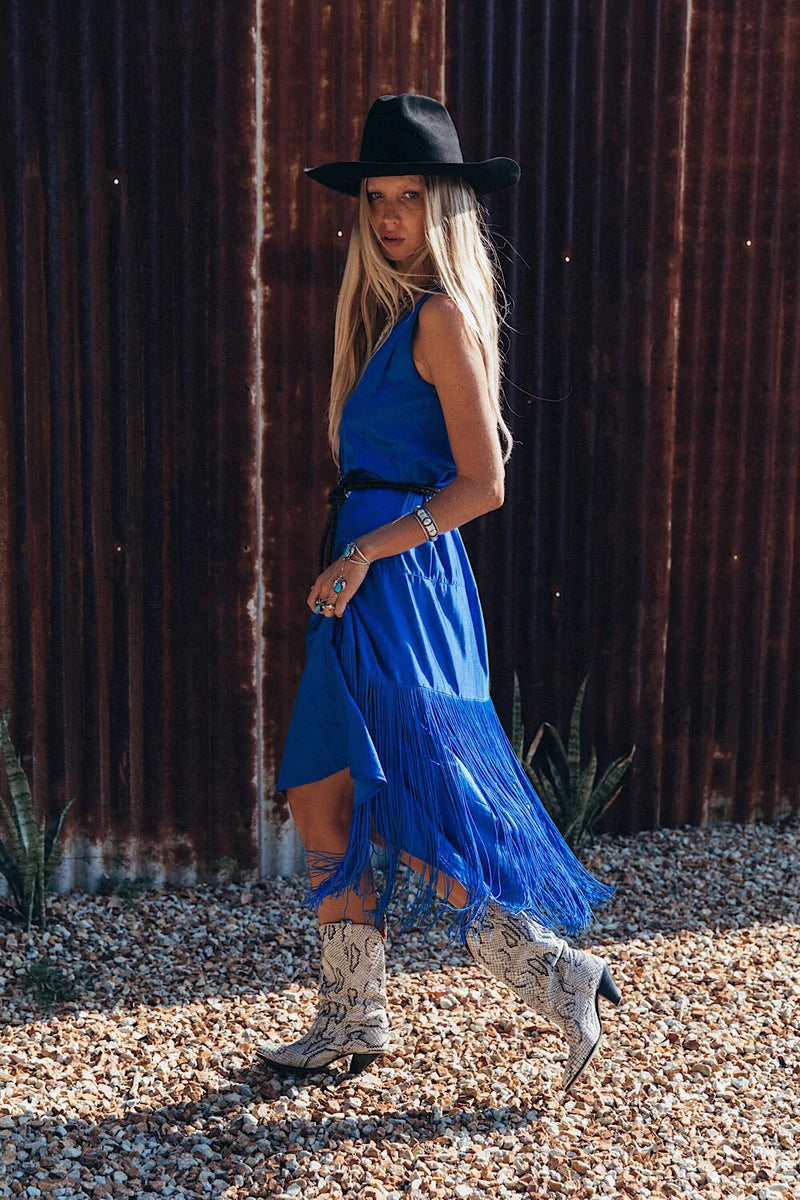 Another Star Silk Fringe Dress - Dark Sapphire - Chasing Unicorns