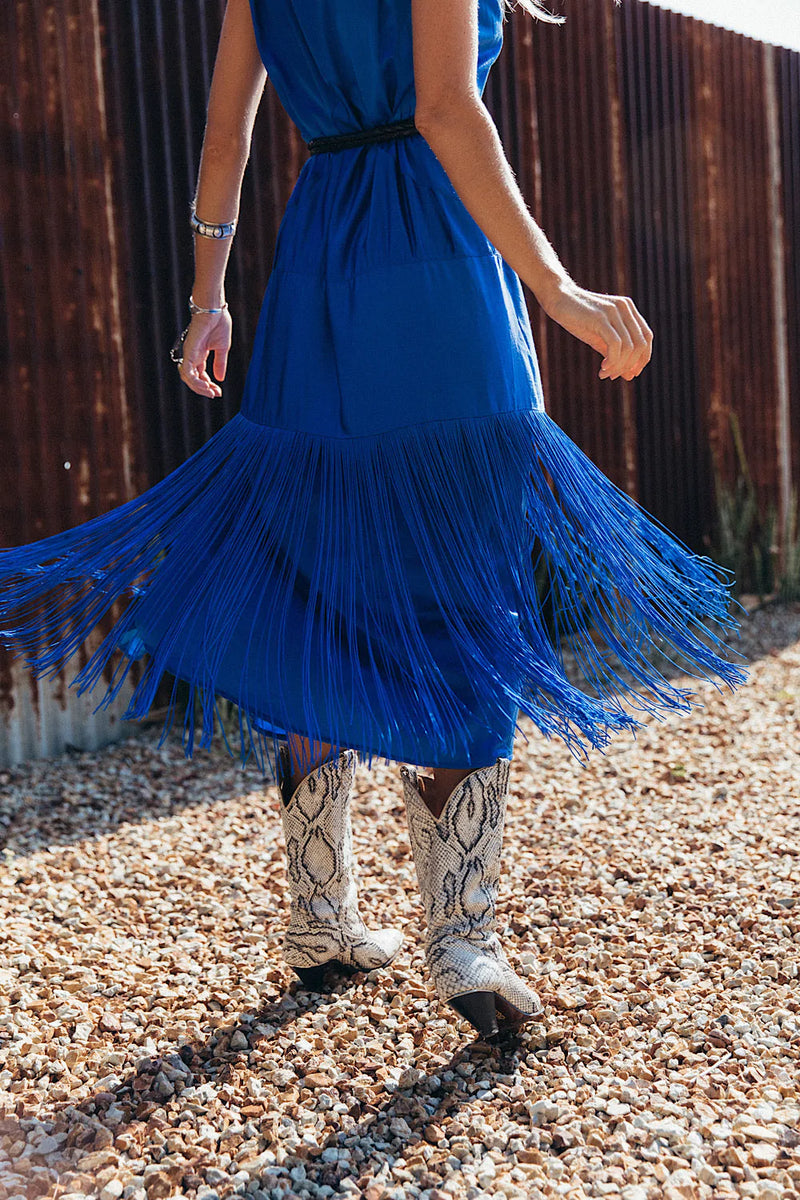 Another Star Silk Fringe Dress - Dark Sapphire - Chasing Unicorns