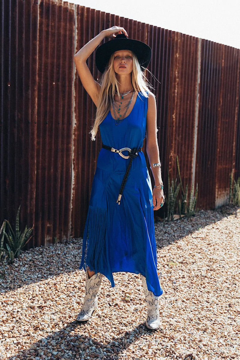 Another Star Silk Fringe Dress - Dark Sapphire - Chasing Unicorns