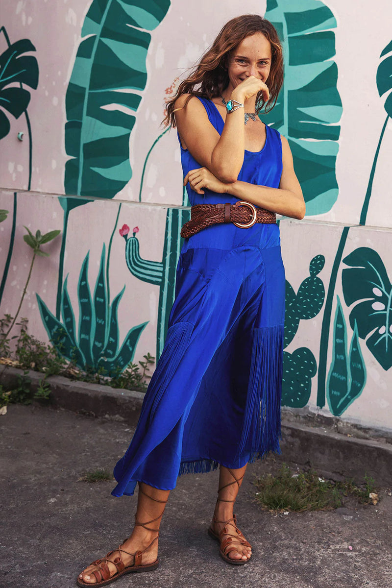 Another Star Silk Fringe Dress - Dark Sapphire - Chasing Unicorns