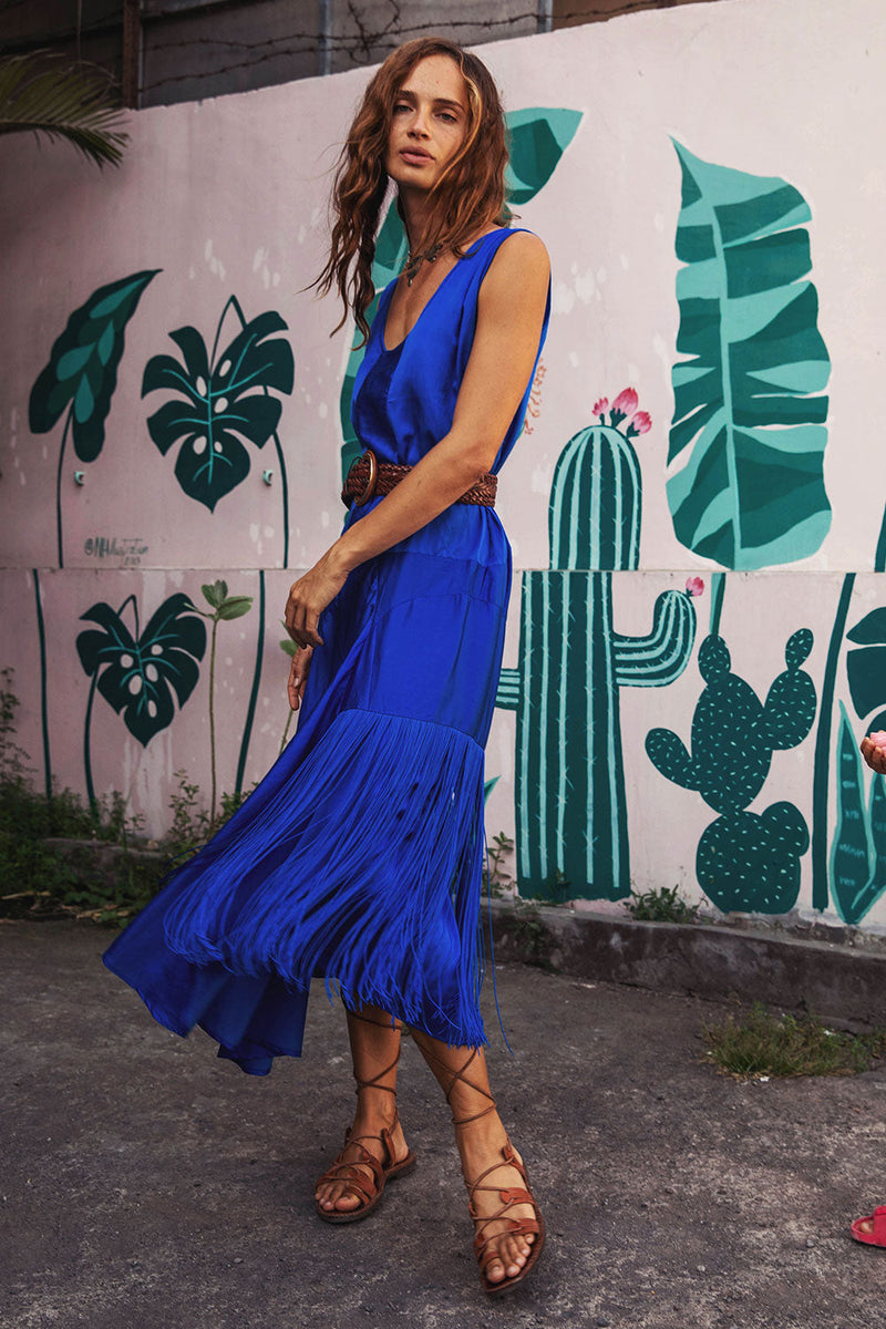 Another Star Silk Fringe Dress - Dark Sapphire - Chasing Unicorns
