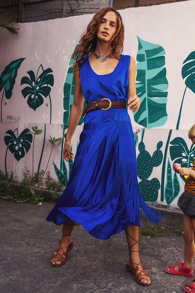 Another Star Silk Fringe Dress - Dark Sapphire - Chasing Unicorns