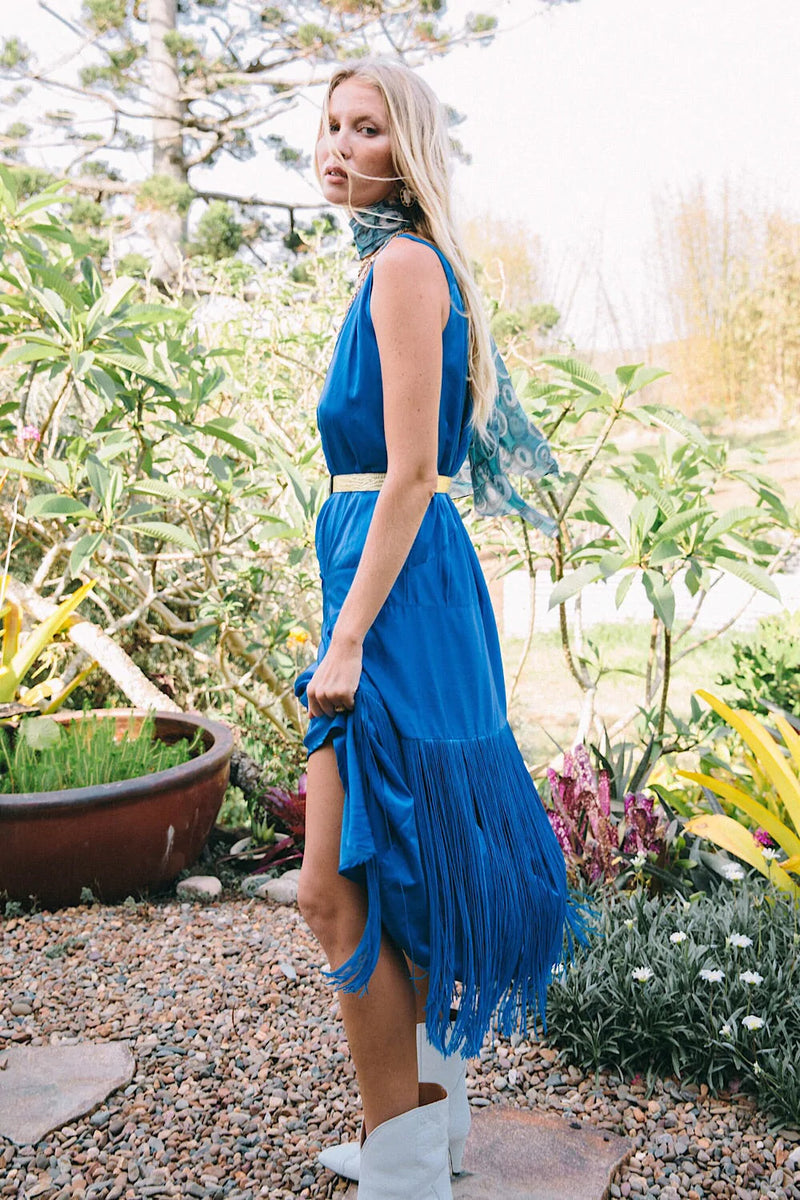 Another Star Silk Fringe Dress - Dark Sapphire - Chasing Unicorns