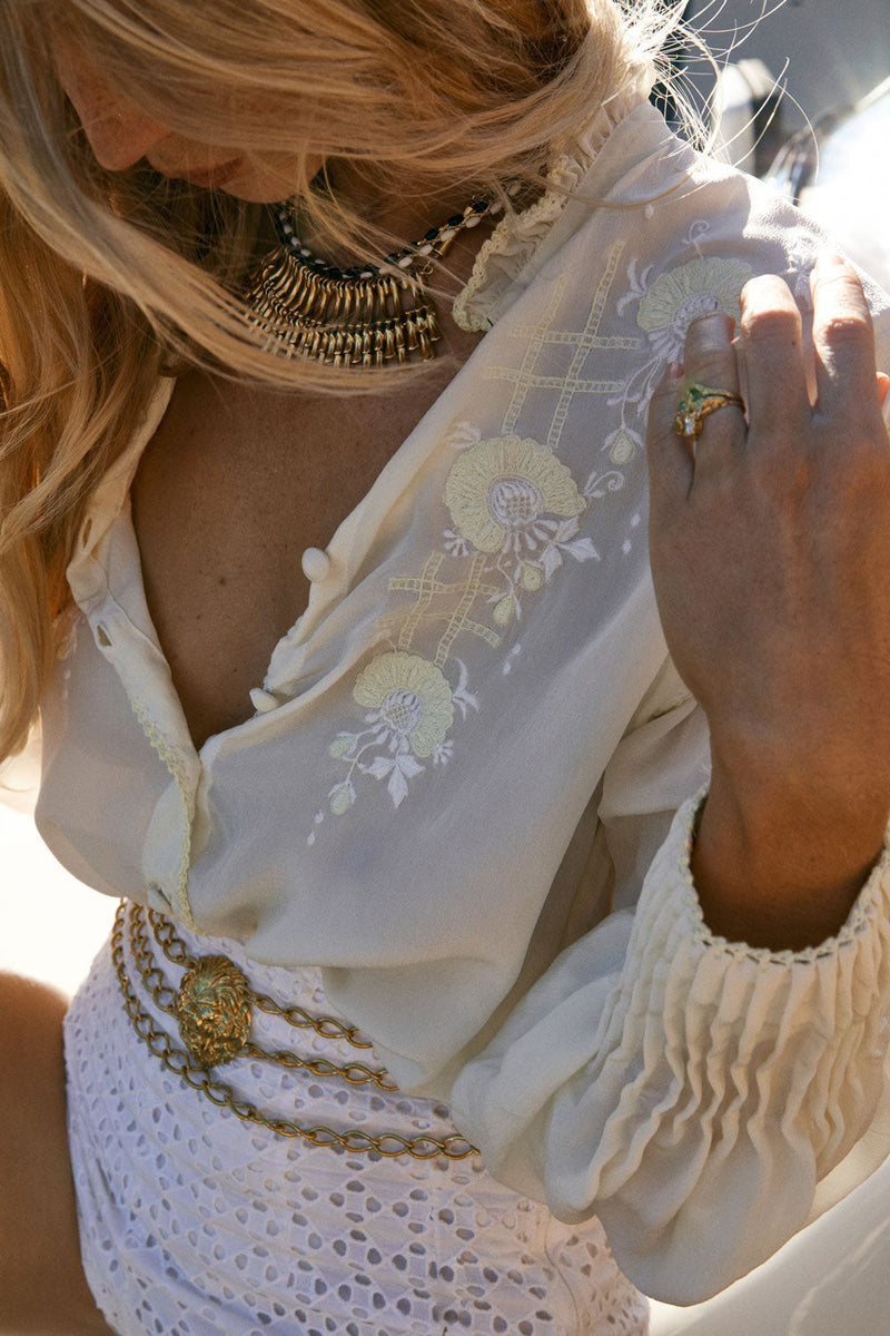 April Sun In Cuba Silk + Embroidered Blouse - Buttermilk - Chasing Unicorns