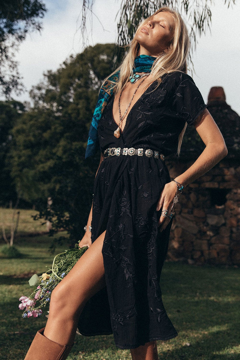 Because The Night Fully Embroidered Midi Dress - Noir - Chasing Unicorns
