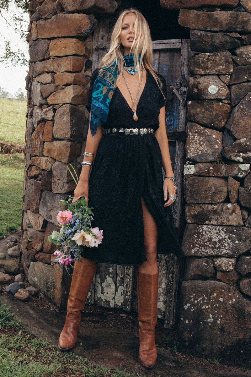Because The Night Fully Embroidered Midi Dress - Noir - Chasing Unicorns