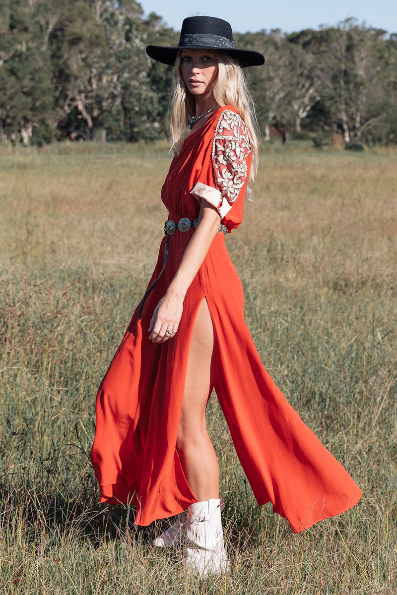 Bed Of Roses Silk + Beaded Dress - Scarlet - Chasing Unicorns