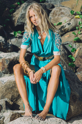 Bed Of Roses Silk + Beaded Dress - Turquoise