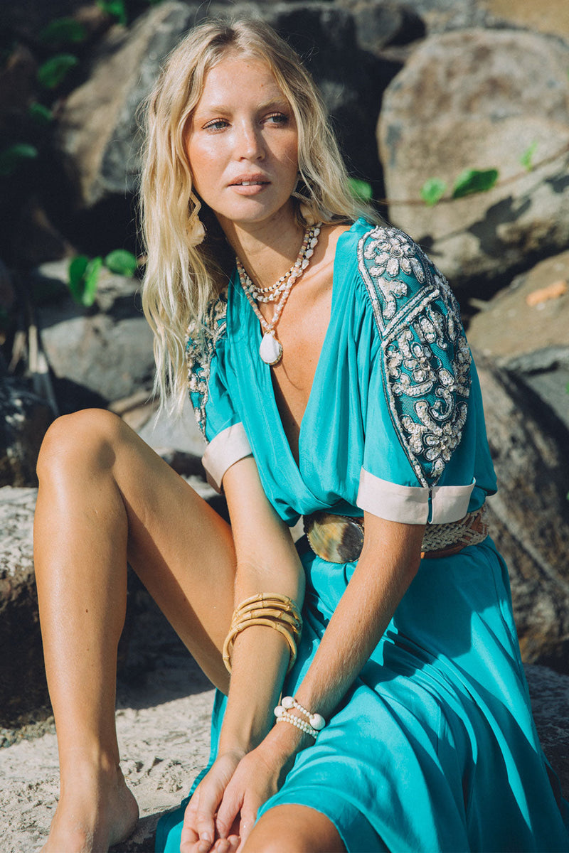 Bed Of Roses Silk + Beaded Dress - Turquoise - Chasing Unicorns