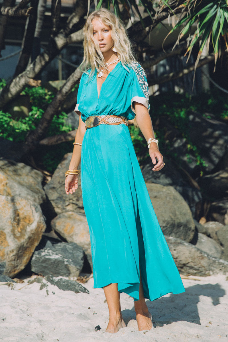 Bed Of Roses Silk + Beaded Dress - Turquoise - Chasing Unicorns