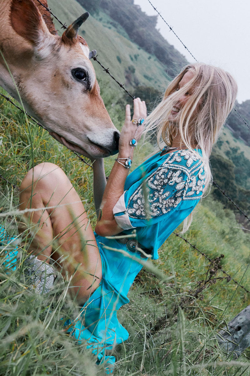 Bed Of Roses Silk + Beaded Dress - Turquoise - Chasing Unicorns