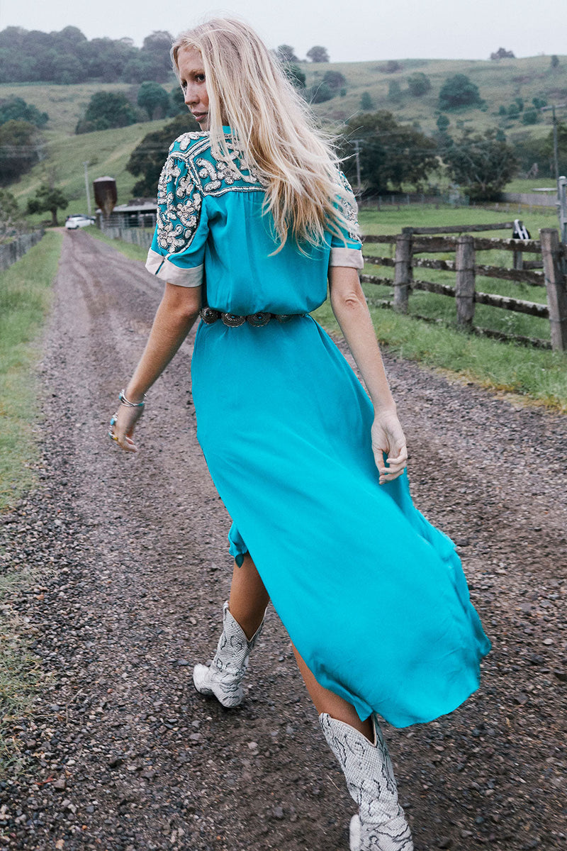 Bed Of Roses Silk + Beaded Dress - Turquoise - Chasing Unicorns