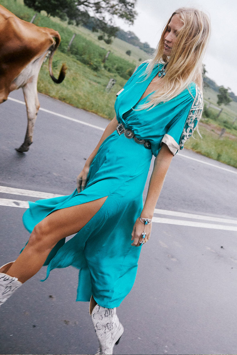 Bed Of Roses Silk + Beaded Dress - Turquoise - Chasing Unicorns