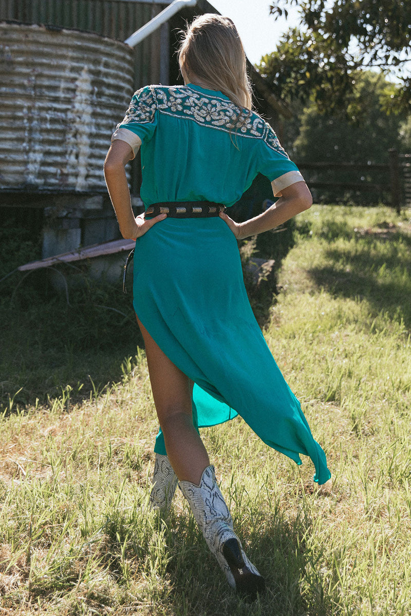 Bed Of Roses Silk + Beaded Dress - Turquoise - Chasing Unicorns