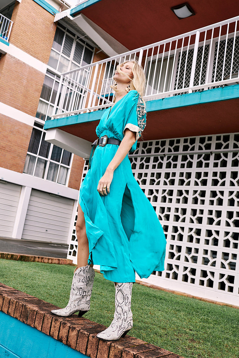 Bed Of Roses Silk + Beaded Dress - Turquoise - Chasing Unicorns