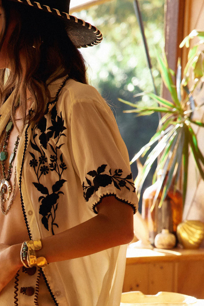 Behave Yourself Oversized Silk Crepe Embroidered Shirt - Chasing Unicorns