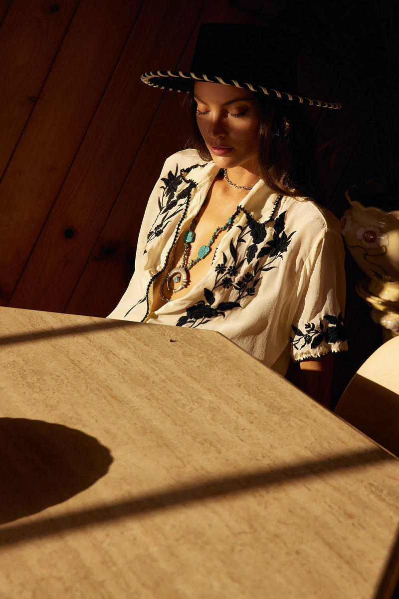 Behave Yourself Oversized Silk Crepe Embroidered Shirt - Chasing Unicorns