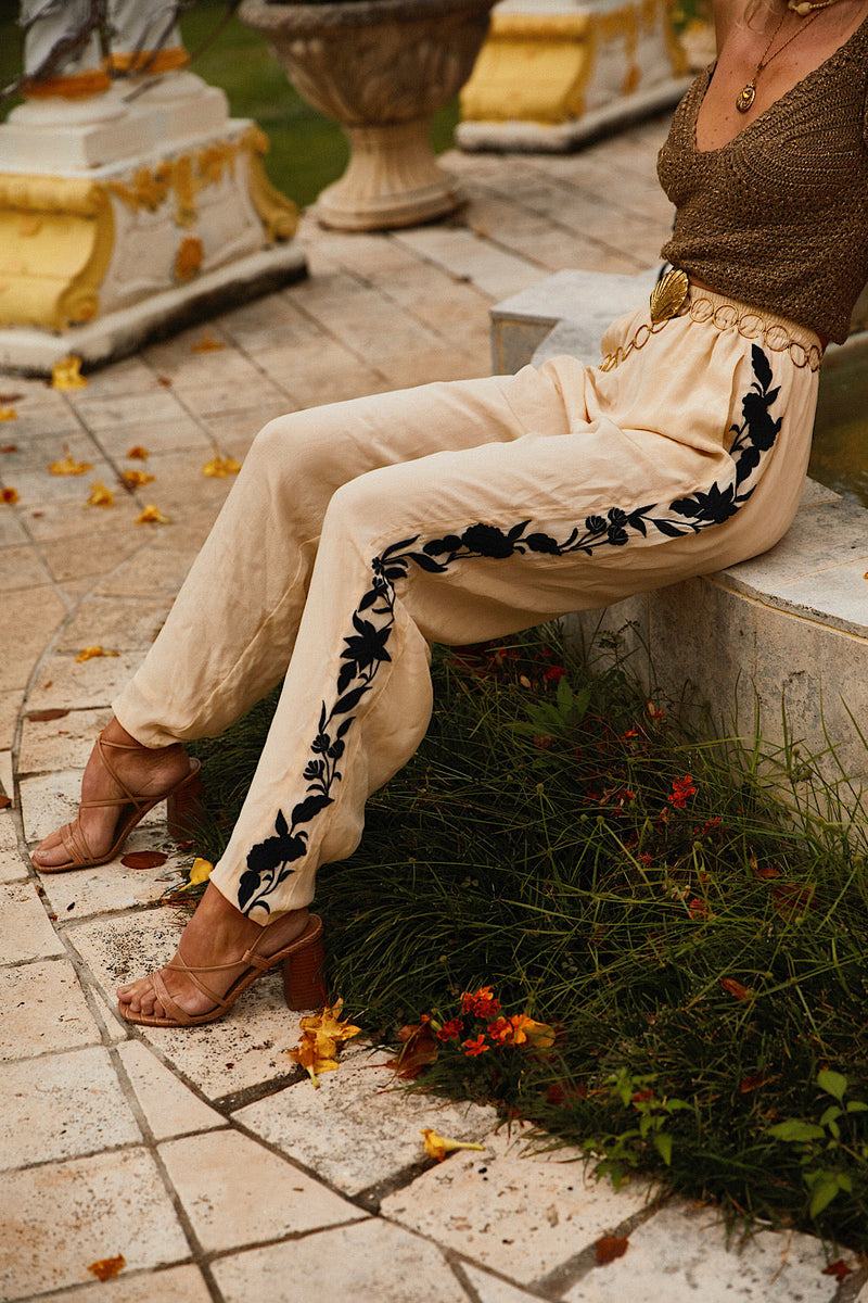 Behave Yourself Silk Crepe Embroidered Pants - Chasing Unicorns