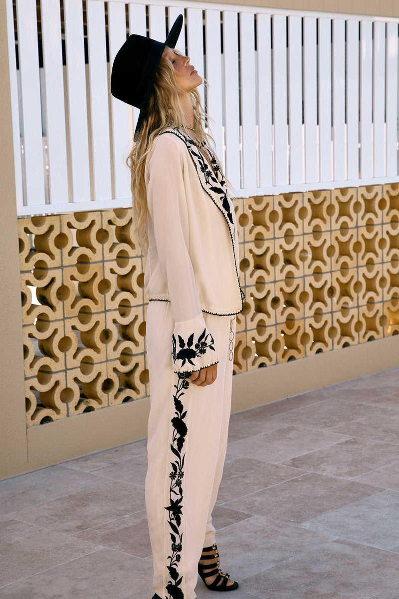 Behave Yourself Silk Crepe Embroidered Pants - Chasing Unicorns