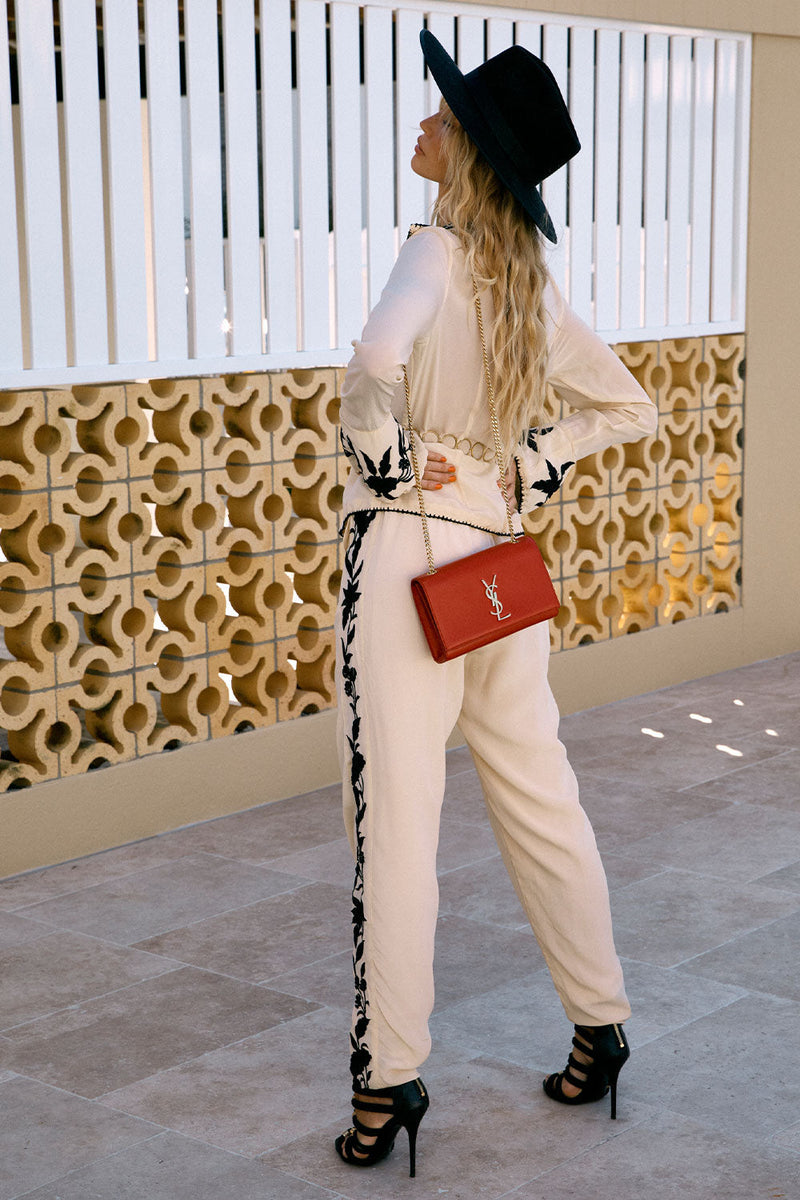 Behave Yourself Silk Crepe Embroidered Pants - Chasing Unicorns