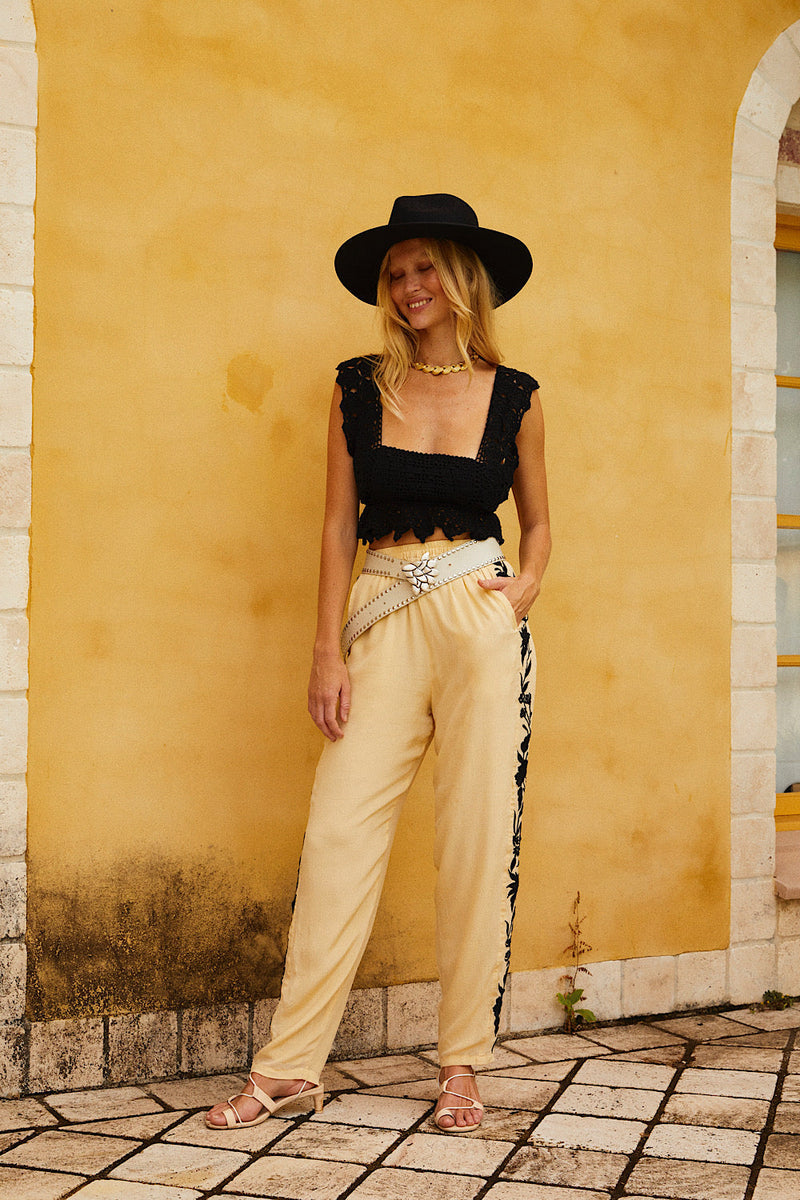 Behave Yourself Silk Crepe Embroidered Pants - Chasing Unicorns