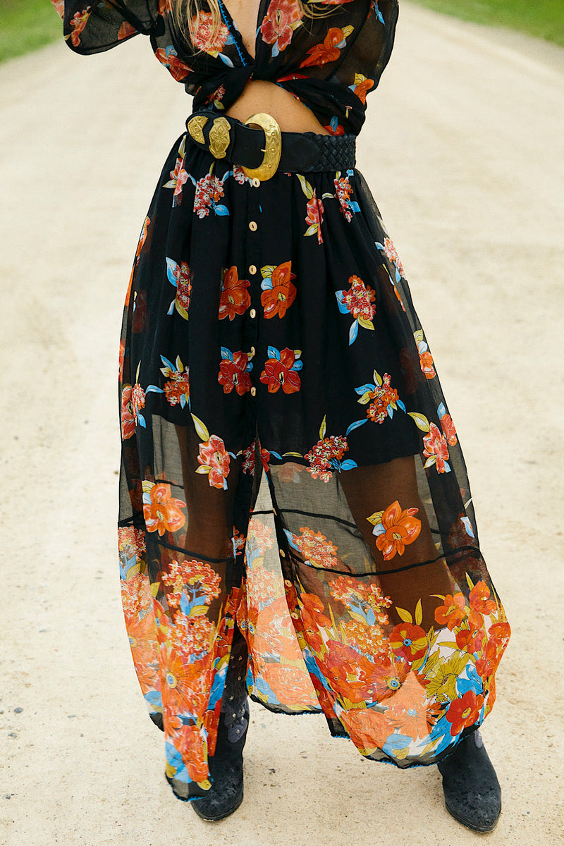 Beside The Sea Silk/Cotton Button Front Skirt - Night Garden - Chasing Unicorns