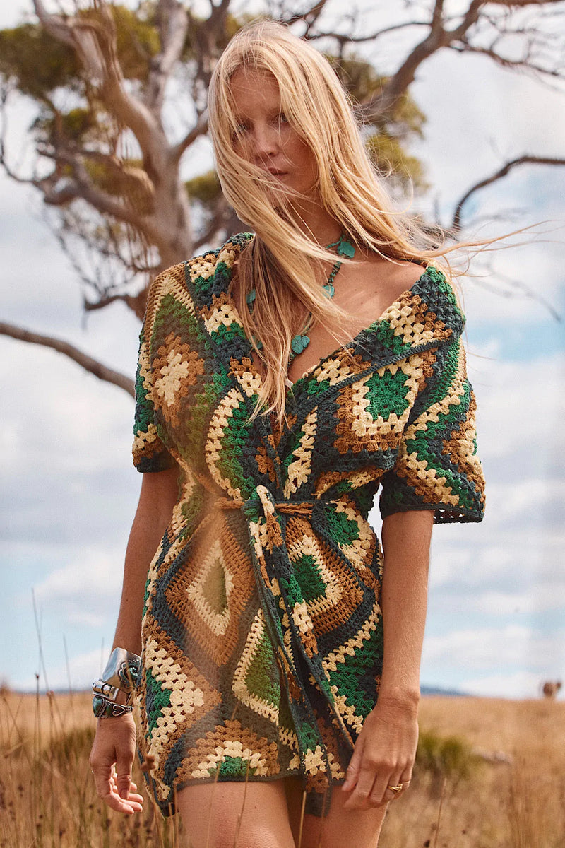 Blues Before Sunrise Crochet Robe Dress - green - Chasing Unicorns