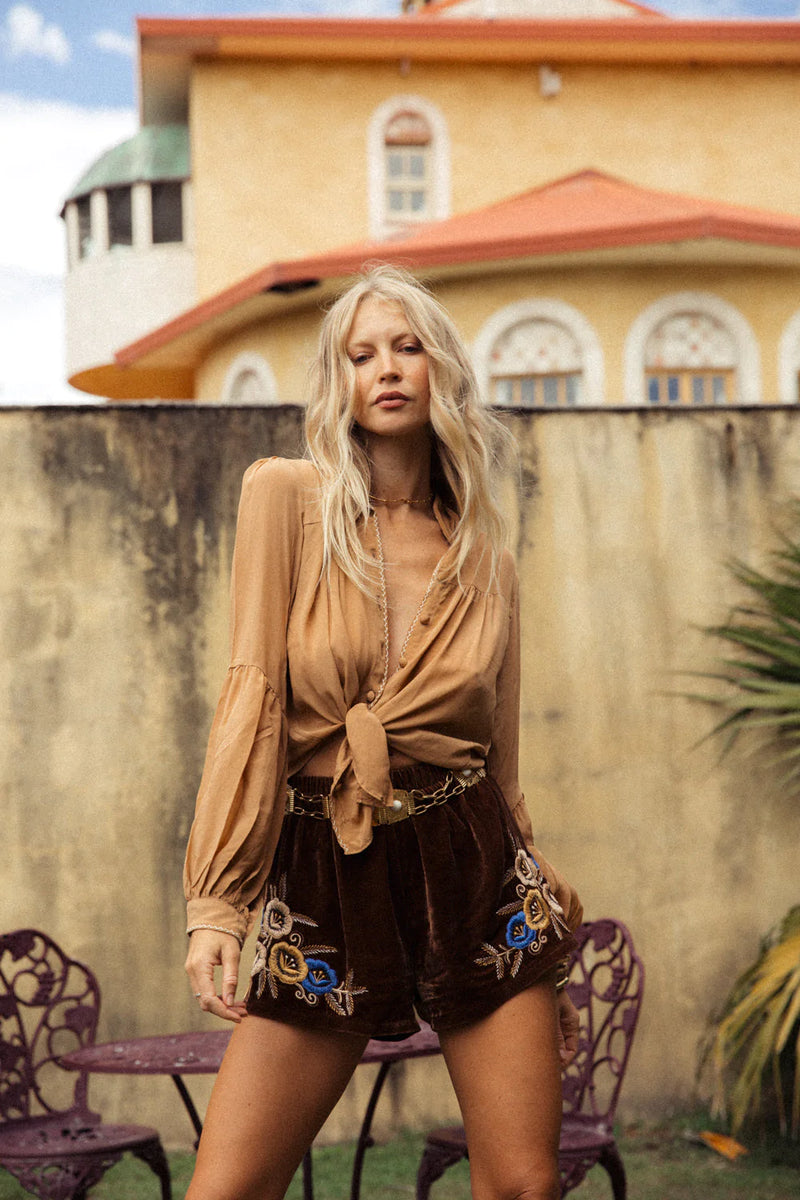 Break On Through Silk Crepe Blouse - Caramel - Chasing Unicorns