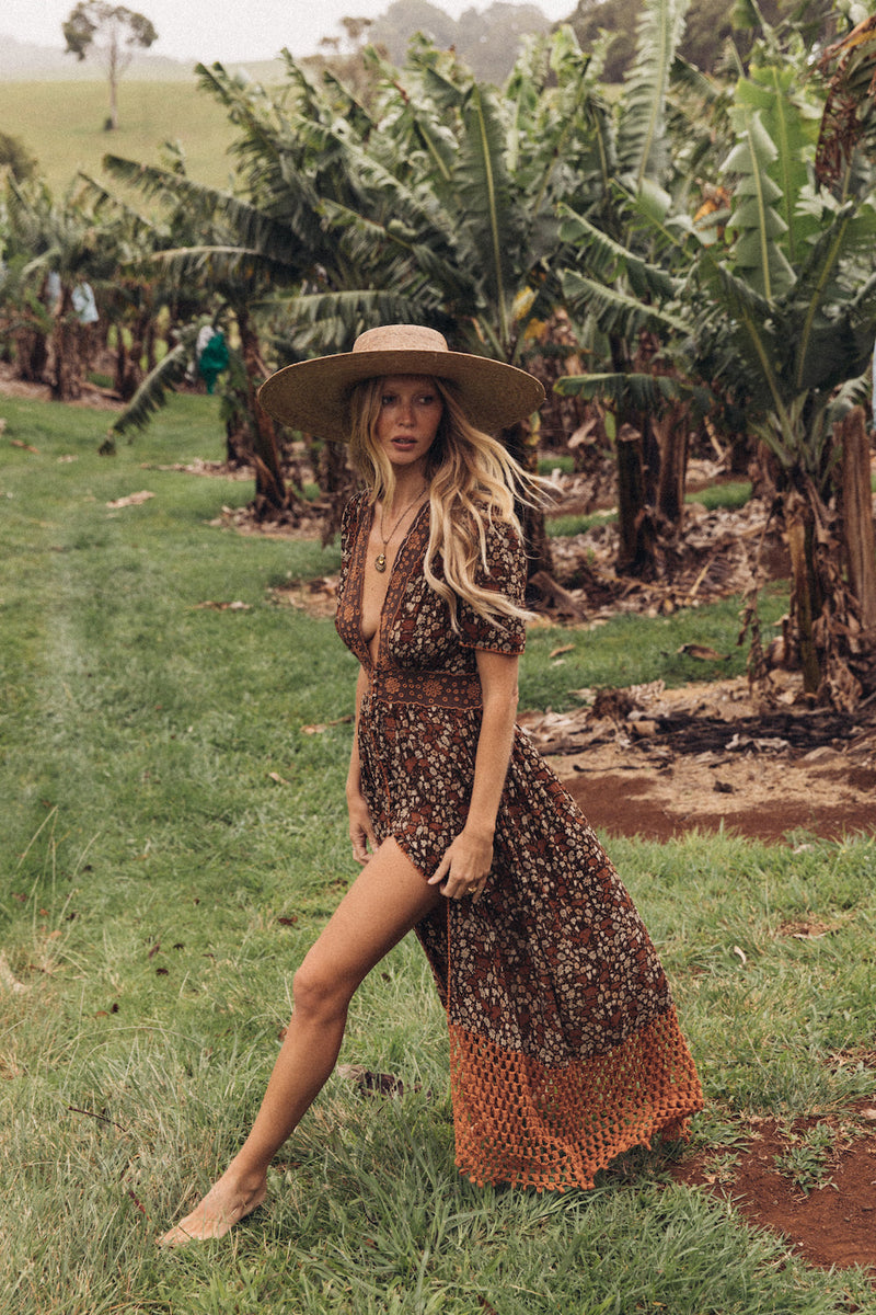 Brown Sugar Cutwork + Crochet Maxi Dress SECOND/SAMPLE - Chasing Unicorns
