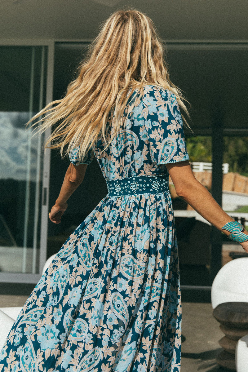 Brown Sugar Cutwork + Crochet Maxi Dress - Teal Paisley - Chasing Unicorns