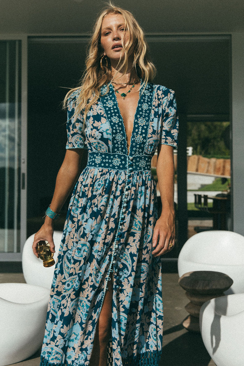 Brown Sugar Cutwork + Crochet Maxi Dress - Teal Paisley - Chasing Unicorns