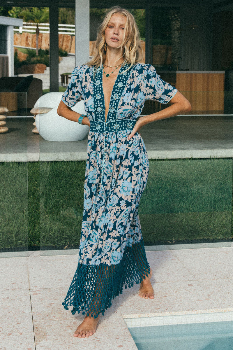 Brown Sugar Cutwork + Crochet Maxi Dress - Teal Paisley - Chasing Unicorns